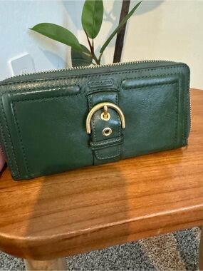Coach Dark Green Leather Zip Wallet with Gold Buckle Accent